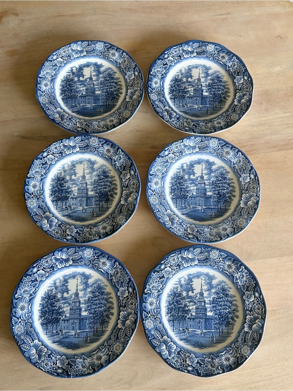 Gorgeous vintage set of 6 Liberty Blue Staffordshire Ironstone Dinner Plates